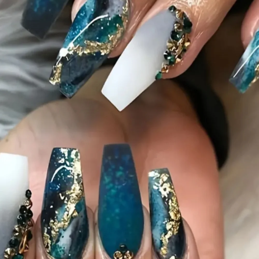 🔥3/$21 Elegant Blue and Gold Press On Nails